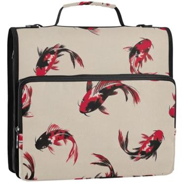 Imagem de Organizador de fichário estilizado Koi Fish vermelho preto com zíper de 3,5 polegadas, 3 anéis, bolsa de fichário de ensino médio resistente com alça portfólio e estojo para pasta de anéis, 34,5 x