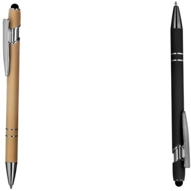 Imagem de Caneta esferográfica em metal escrita em azul com corpo emborrachado. Refil tipo parker com ponta touch emborrachada. (Dourado e Preto)