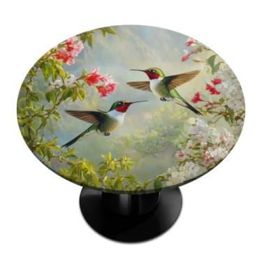 Imagem de Pardick Toalha de mesa redonda com elástico para beija-flores primavera, toalha de mesa redonda elástica, toalha de mesa à prova d'água e limpável, serve para mesas de até 114 a 142 cm de diâmetro