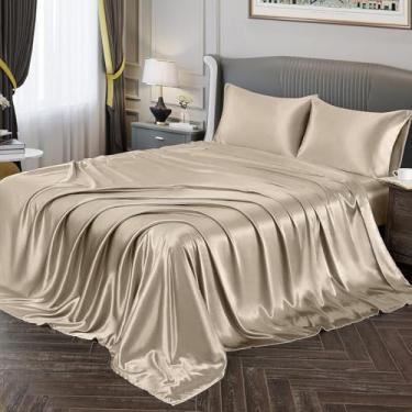 Imagem de LM Detona, Jogo De Lençol Casal Padrão Cetim Seda Bege 4 Peças