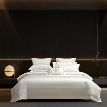 Imagem de Jogo de cama de algodão estilo hotel, cor sólida, macio e sedoso, com capa de edredom, lençol de baixo, fronhas, branco, tamanho King (220x240cm), 4 peças.