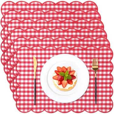 Imagem de SmoothNovelty 6 peças de jogo americano xadrez xadrez de linho guingão 33 x 48 cm, xadrez búfalo, lavável, bordado, ondulado, para mesas de jantar de cozinha familiar (vermelho)