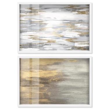 Imagem de Conjunto de 2 arte de parede para sala de estar com impressão abstratos de luxo neutro da Art Remedy, moldura branca, 63 x 43 cm