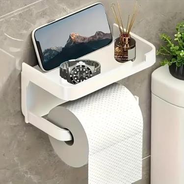 Imagem de 1 suporte de lenços de banheiro autoadesivo de luxo montado na parede com um rack de armazenamento com um elegante acabamento preto de alto brilho, organizador multifuncional para papel higiênico