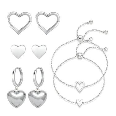 Imagem de QLYOVWE Conjunto de 4 peças de pulseira de coração banhado a ouro para mulheres delicado amor amizade corrente pulseira minimalista brincos de argola doce dia dos namorados presente de Natal joias