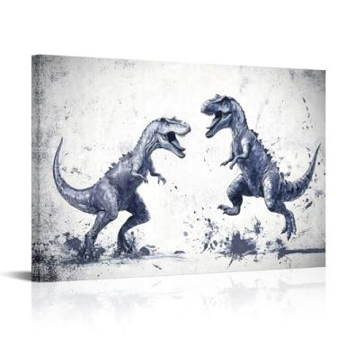 Imagem de sechars Arte de parede de dinossauro decoração de quarto de meninos imagens de dinossauro impressão em tela azul marinho e cinza decoração de quarto masculino 40,6 cm x 61 cm