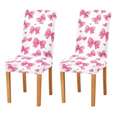 Imagem de SEHANY Conjunto de 2 capas de cadeira com laço de bolinhas rosa para sala de jantar, elástico, removível e lavável, para cozinha, hotel, festa, Natal