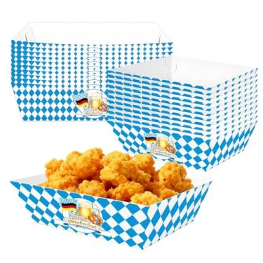 Imagem de TRBSXRT 20 peças de suprimentos de festa Oktoberfest, bandejas de comida de papel azul e branco da Oktoberfest, bandeja dobrável para montar para festivais de cerveja, pratos de servir descartáveis