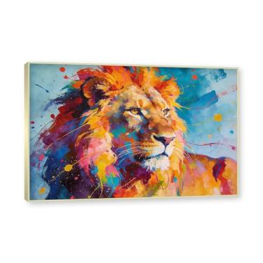 Imagem de NHLDZYH Moldura dourada. Pintura salpicada de leão pintura em tela abstrata arte animal mural vívido chama a atenção para sala de estar decoração moderna para casa. A78. 50 x 75 cm.