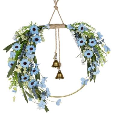 Imagem de Guirlanda de primavera para porta da frente, margarida azul com folhas verdes, grinalda de flores brancas, primavera, verão, todas as estações, para casa de fazenda, varanda, janela, pendurar na