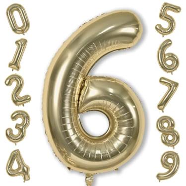 Imagem de Balões com números dourados champanhe, 6, 101,6 cm, grande, ouro claro, digital, 6 folhas, balões de hélio para meninas e meninos, balões de número autoinfláveis 0-9 para homens e mulheres, decoração