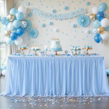 Imagem de Toalha de mesa azul bebê para mesas retangulares de 1,8 m, toalha de mesa de tule, azul claro, retangular, 1,8 m, elastano elástico, capas de mesa para chá de bebê, meninos, festa de aniversário