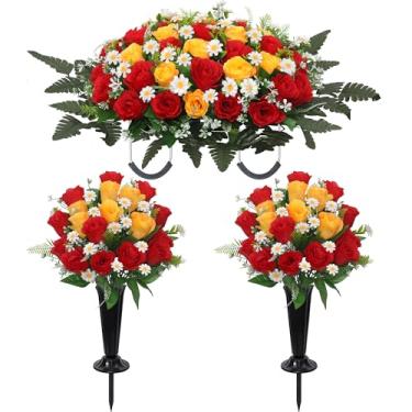 Imagem de Wocst Sela de flores de lápide, flores artificiais grandes para sepultura, pacote com 2 buquês de rosas artificiais de seda e margaridas com vasos de cemitério para decorações de túmulos ao ar livre
