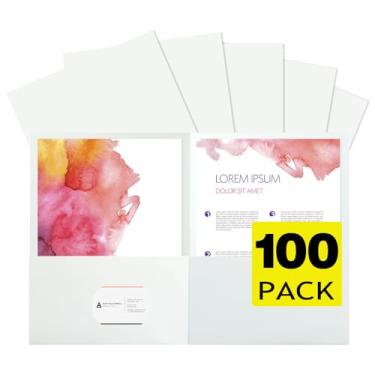Imagem de pmybupo 100 pastas brancas com bolsos e porta-cartões de visita, 2 pastas de bolso para escola, casa ou escritório, pastas de arquivo resistentes e duráveis