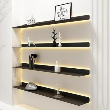 Imagem de Prateleira de exibição flutuante com luz LED iluminada integrada e suportes invisíveis, estante de livros de metal montada na parede, conjunto de 2 decoração de parede, suporte de exibição pequeno