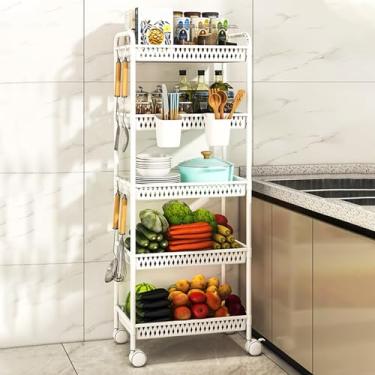 Imagem de Carrinho de armazenamento de plástico com 5 camadas - Prateleiras utilitárias móveis para cozinha, banheiro e lavanderia - cor branca, design que economiza espaço, fácil mobilidade