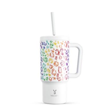 Imagem de Meoky Copo de 680 g com alça e canudo, copo 100% à prova de vazamento com tampa e canudo, caneca de café de viagem de aço inoxidável isolado, mantém frio por 24 horas (beijo)