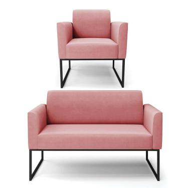 Imagem de Sofá Namoradeira Com Poltrona Base Industrial Preto Marisa Suede Rosê