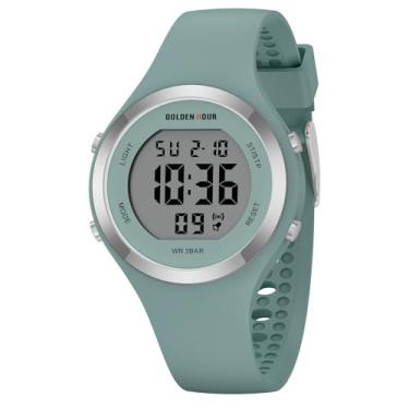 Imagem de GOLDEN HOUR Relógio esportivo feminino com pulseira de silicone com cronógrafo digital à prova d'água, Verde escuro