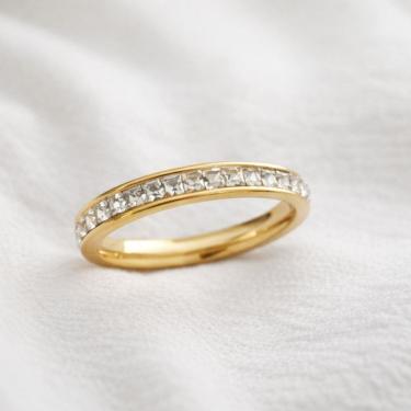 Imagem de Anel Aparador Aliança Dourado Zircônia Brilhantes Aço