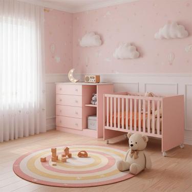 Imagem de Quarto Bebe Infantil Doce Sonho Berco Reto Rodizio e Comoda Sapateira 1 Porta 4 Gavetas Qmovi