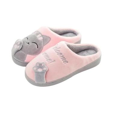 Imagem de Chinelos De Inverno Femininos Com Forro De Pelúcia E Decoração De Gato