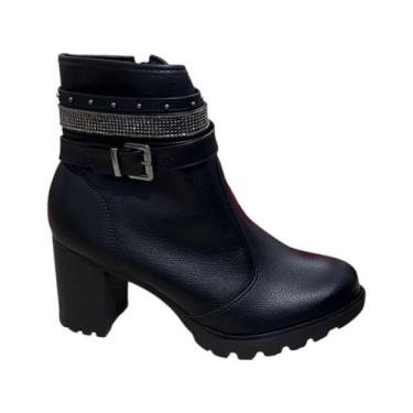 Imagem de Bota Moleca Com Tiras Cano Curto Salto Bloco Alto, Preto, 35