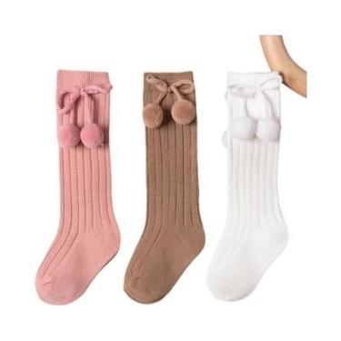 Imagem de Meias De Algodão Macio Para Meninas, 3 Pares, Altas Até O Joelho, Com 