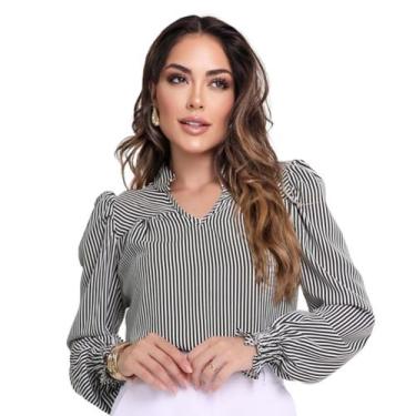 Imagem de Blusa Manga Longa Feminina Listrada Social Gola V Bufante - LOOK MODAS