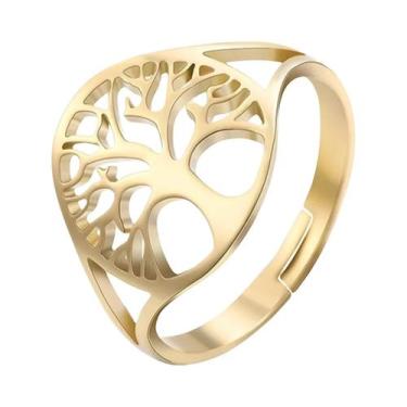 Imagem de Anel Ajustável Árvore Da Vida Dourado Para Mulheres, Joia De Aço Para 