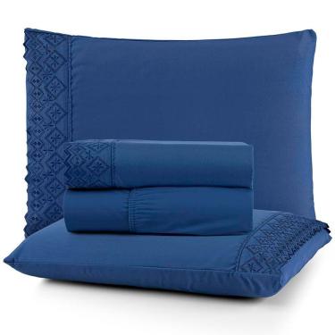 Imagem de Jogo De Lençol Casal Nobless Bordado Micropercal 200 Fios Toque De Algodão 4 Peças Marinho