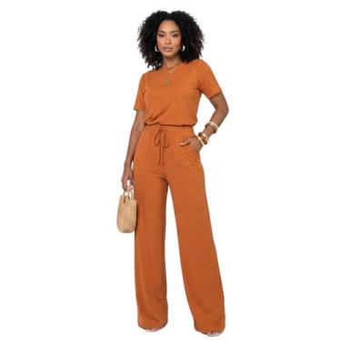 Imagem de Conjunto Feminino Blusa Manga Curta e Calça Pantalona Moletinho Liso -