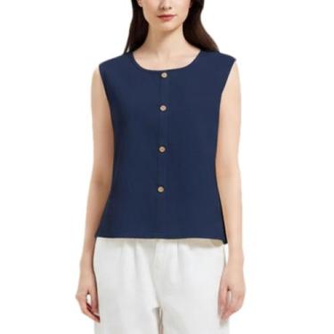 Imagem de Camiseta regata feminina Lingjiazi 1314, linho, gola redonda, azul mar