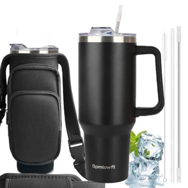 Imagem de Copo duplo a vácuo de aço inoxidável de 1,134 g com alça, tampa de palha, bolsa de transporte, bolso para celular, garrafa de água para academia, caneca de viagem e suporte de manga para homens e