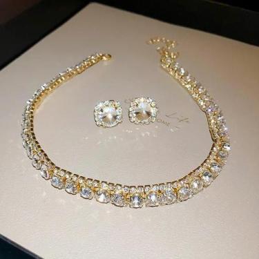Imagem de Conjunto De Colar E Brincos De Cristal Verde Com Strass Para Mulheres,