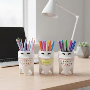 Imagem de Porta Caneta Lapis Formato De Dente Kit Com 3 Peças Ceramica - Hp Deco