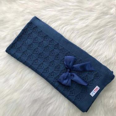 Imagem de Manta Bebe Tricô Maternidade Crochê - Mimo da Cegonha, Azul jeans, RN
