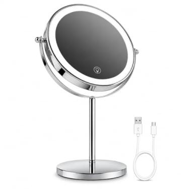 Imagem de Ysenchan Espelho de maquiagem iluminado, espelho de ampliação de LED recarregável de 20 cm, espelho de manificação de dupla face 5X com suporte, mesa de cosméticos em pé