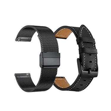 Imagem de Yeejok Compatível com 3 pulseiras VivoActive, Pulseira de relógio de metal de malha de liberação rápida de 20 mm e pulseira de couro genuíno para Garmin Vivoactive 3 Música/Forerunner 645/245 Smartwatch, Preto + Preto