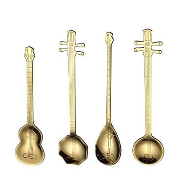 Imagem de 4 peças/conjunto de aço inoxidável colher de café em forma de guitarra colher de chá para crianças linda colher de chá de café com instrumento musical colher de chá, ouro