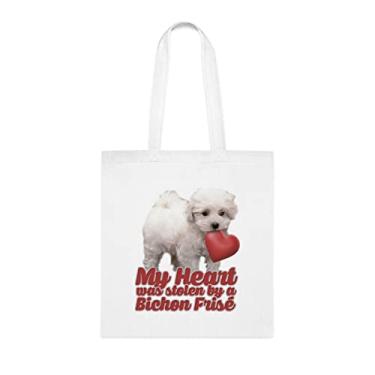 Imagem de Bolsa My Heart Was Stolen By A Bichon Frise, presente engraçado para amantes de bichon frise, bolsa de ombro bichon frise, bolsas reutilizáveis bichon frise, ideia de bichon frise, Branco