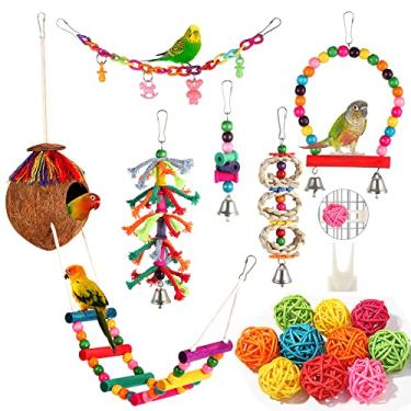 Imagem de Brinquedos para pássaros, periquitos, balanços, brinquedos de mastigar, escada de escalada, gaiola de coco, brinquedo adequado para calopatas, conures, tentilhões, Budgie, pássaros do amor