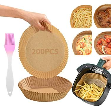 Imagem de 200 peças Air Fryer forro de papel descartável com escova de óleo 7,9 polegadas/20 cm papel antiaderente para fritadeira à prova de óleo pergaminho à prova d'água para assar micro-ondas (natureza)