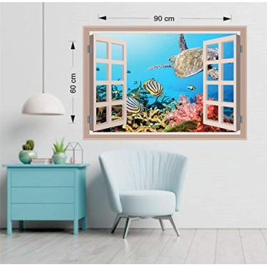Imagem de Adesivo de Parede Janela Mar Animais Efeito 3d Tam90x60cm
