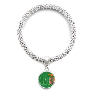 Imagem de DIYthinker Pulseira de prata com nome da bandeira do país da Zâmbia com pingente de corrente ajustável