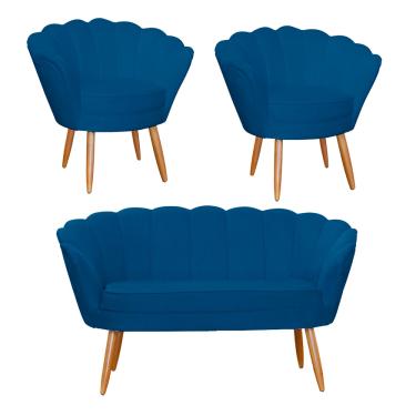 Imagem de Jogo Pétala Namoradeira e 2 Poltronas Estofada Para Recepção Suede Azul Royal - LM DECOR