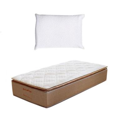 Imagem de Colchão Solteiro King Brilhante Mola Ensacada (34x96x203) Marrom e Bege com Travesseiro Guldi Soft Nasa Branco