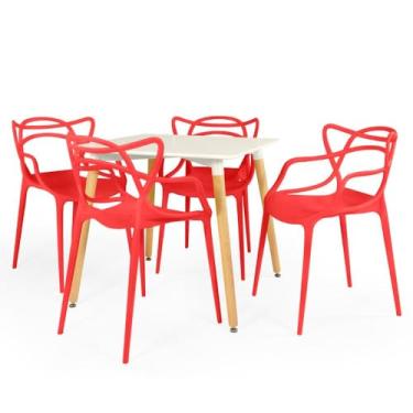 Imagem de Conjunto Mesa de Jantar Quadrada Eiffel Branca 80x80cm com 4 Cadeiras Allegra - Vermelho