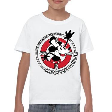 Imagem de Camiseta juvenil Steamboat Willie Life Preserver engraçada clássica desenho animado praia Vibe Mouse in a Lifebuoy Silly Retro Kids, Branco, M