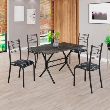 Imagem de Conjunto Sala de Jantar Mesa Retangular 100x60cm Tampo Pedra Ardósia Indiana 4 Cadeiras Paraty Preto Floral / Preto Fosco